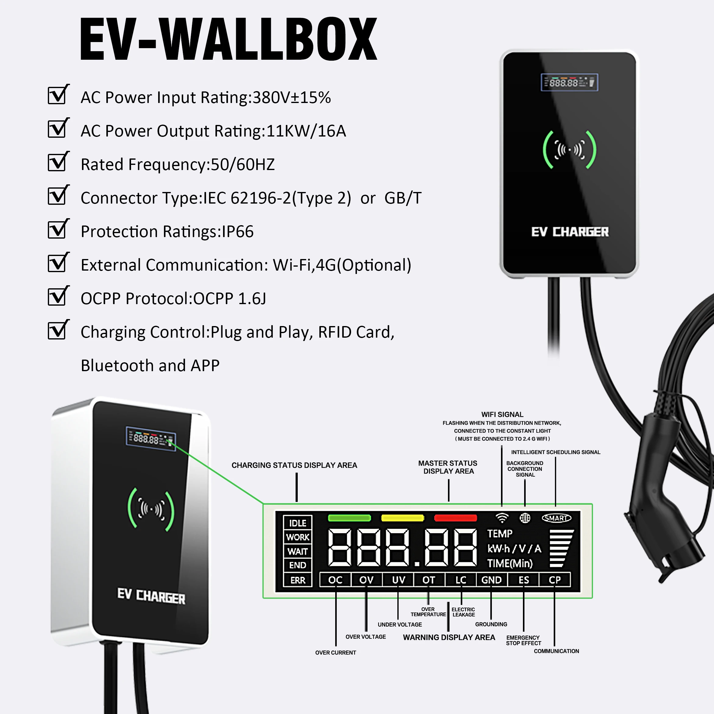 AC Wallbox 11kW 5m Type 2 cable 5m Bluetooth+ RFID / (16A