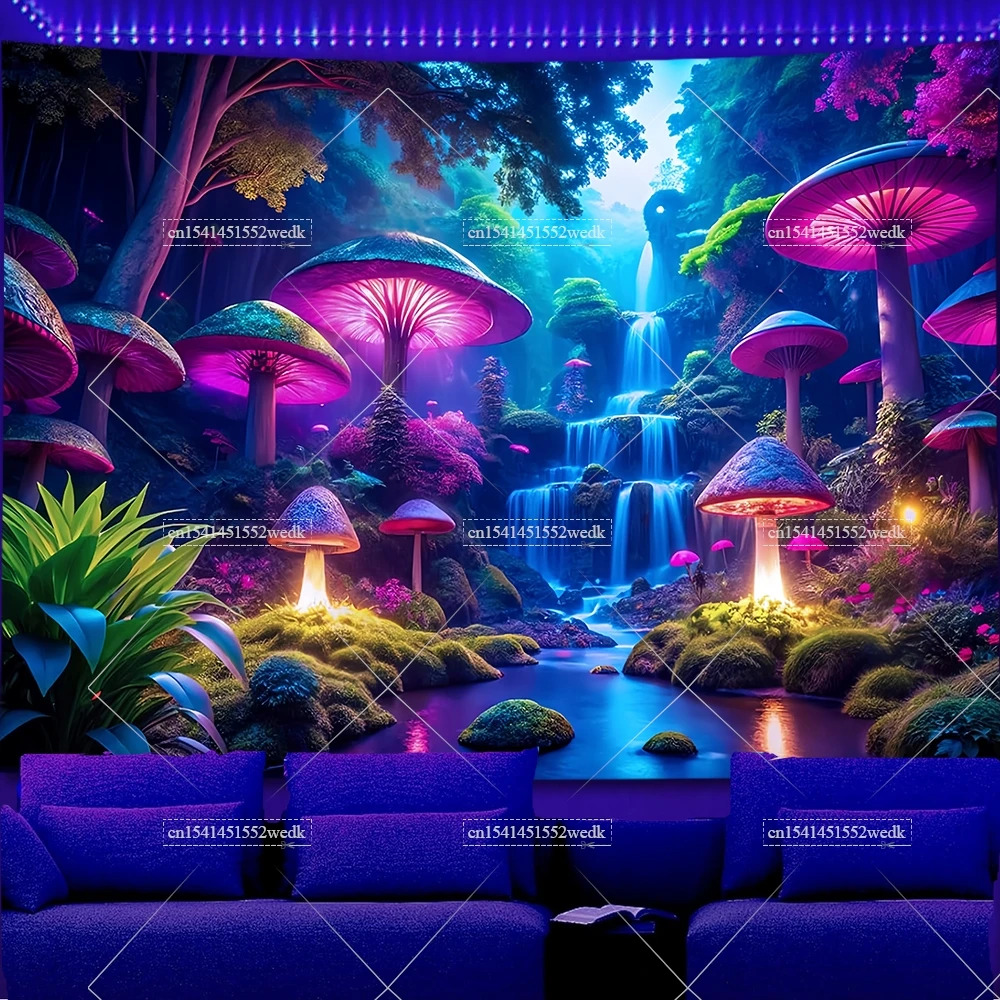 Tapisserie UV Réactive Forêt Lunaire – 93x71 Pouces – Paysage Fantasy Cascade