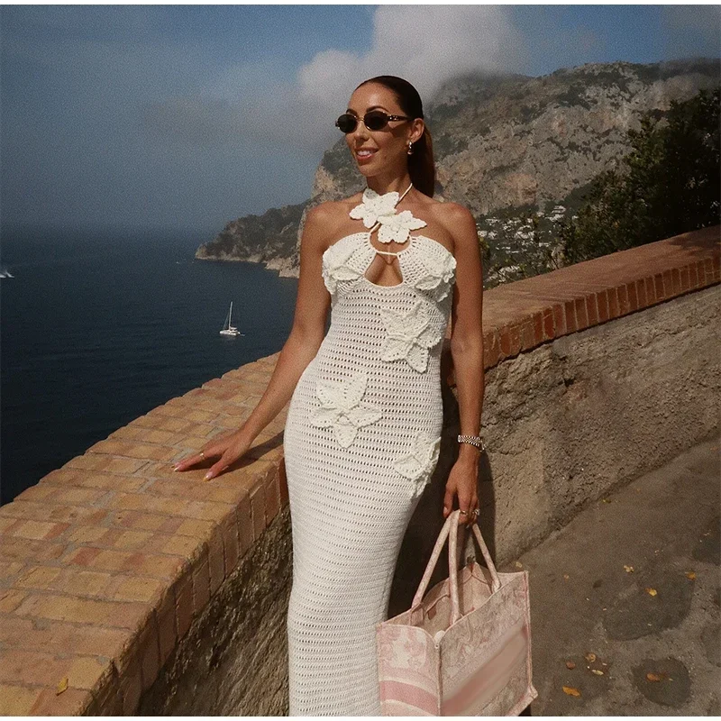 Sexy Knitted 3d Flower Halter Long Dress Women Crochet Hollow Out Sleeveless Blue Maxi Dresses New Lady Beach Vacation Robe
