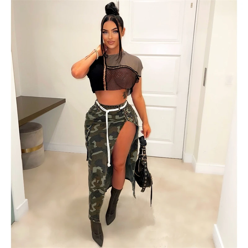 

Pockets Camo Print Cargo Skirts Women Sexy Buttons High Split Maxi Skirt Fashion Casual All Matching Petticosts