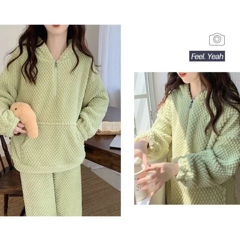 2024 New Coral Velvet Zippered Pajamas for Women Autumn Winter Thickened Plush Loungewear Warm Stand Collar Loose Homewear