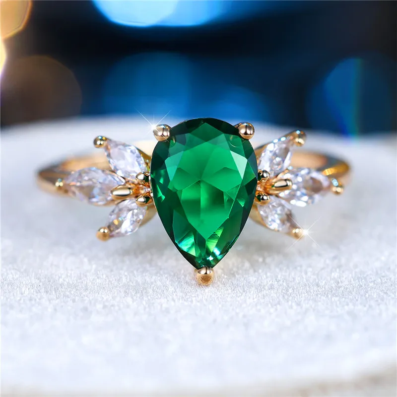 Cute Female Pear Cut Green Zircon Stone Water Drop Ring Charm Gold Color Wedding Jewelry For Women wedding rings,womens ring,jewelry rings,ring jewelry