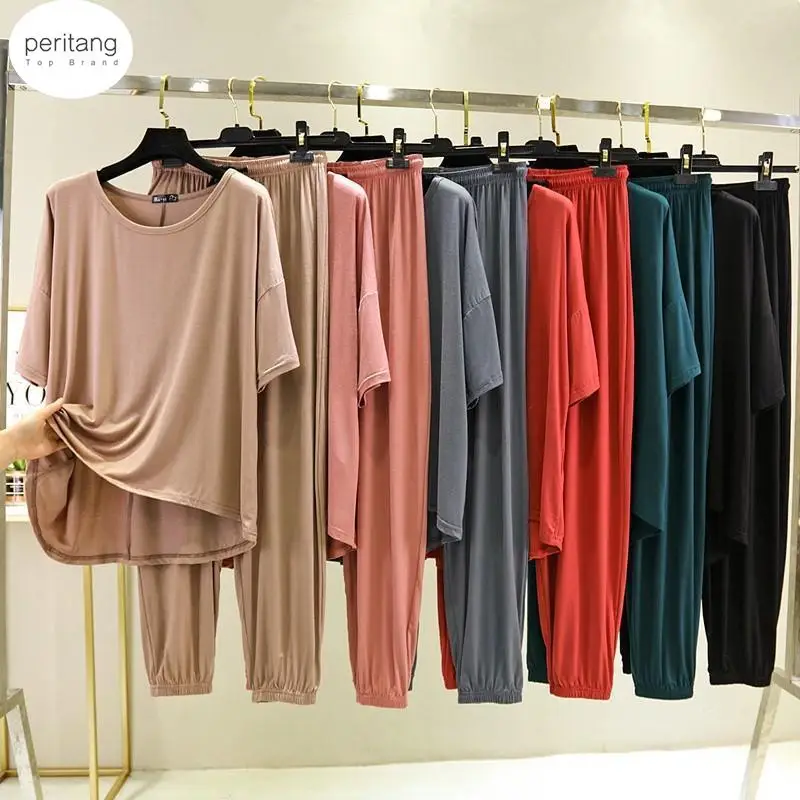 

Костюм женский из модала, тонкая Свободная рубашка с рукавом до локтя, топ с коротким рукавом, повседневные брюки, комплект нижнего белья из двух предметов, на лето
