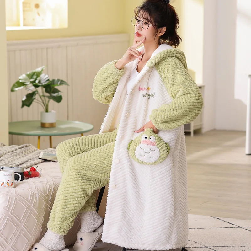 Winter Flannel Pajamas Sets For Women Cartoon Sweet Pyjamas Animal Cosplay Hooded Nightgown Suit Thicken Warm Sleepwear Homewear