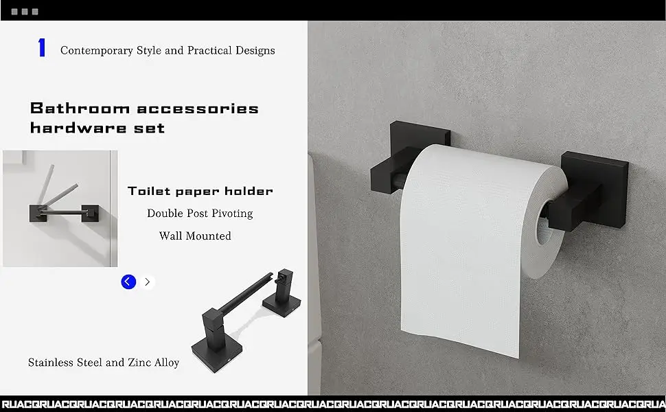 Description Picture 5 of item4 Pieces Bathroom Hardware Set Matte Black Square Stainless Steel and Zinc Alloy Modern Wall Mounted,18-Inch Towel Bar，Robe Hook