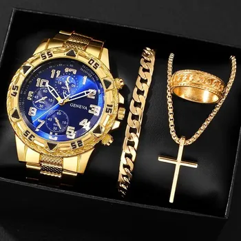 4pcs/set Men Quartz Watch Cross Jewelry Set Luxury Business Men Watches Alloy Case Everyday Accessories Men Gifts Reloj Hombre