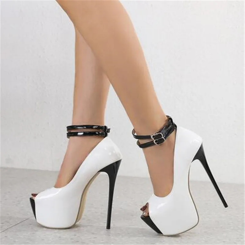 Liyke Fashion Design Double Buckle Strap Platform Sandals Women Pumps Sexy Peep Toe 16.5CM Super High Heels Stripper Shoes White