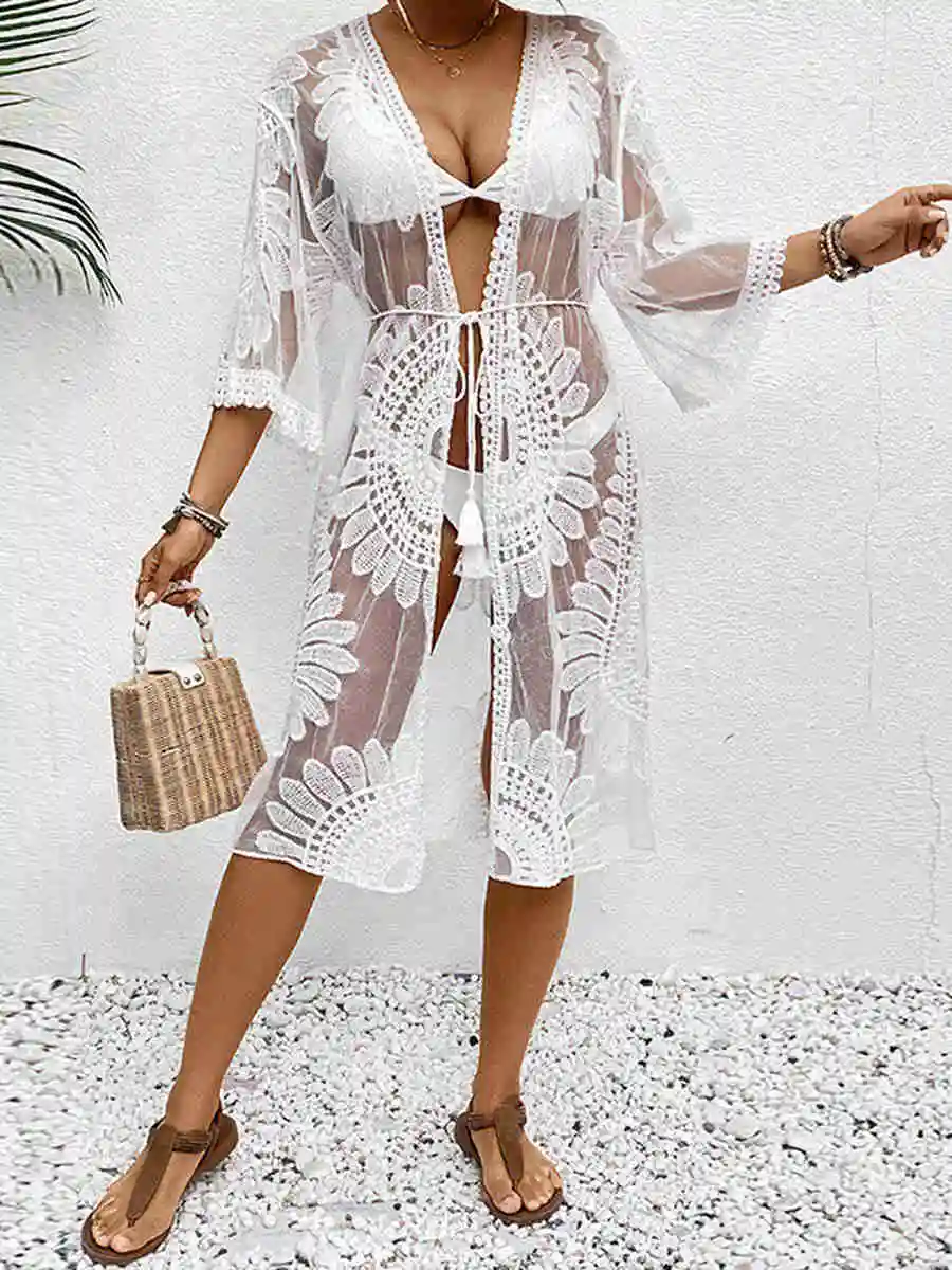 Women Beach Cover up Floral Embroidery See-Through Lace Beach Kimono Beach Dress For women