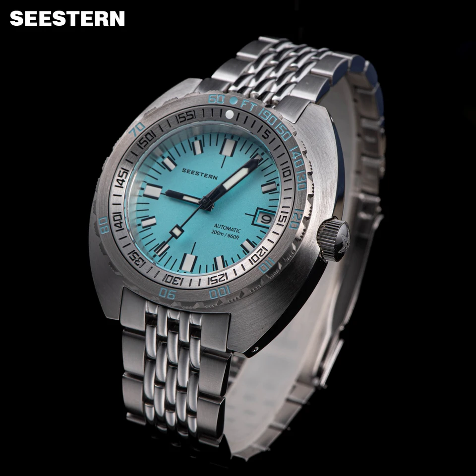 Seestern V3 42MM SUB 300T LUME DATE 200m DIVER'S Mens Watch DOX10 BlueGold Stone