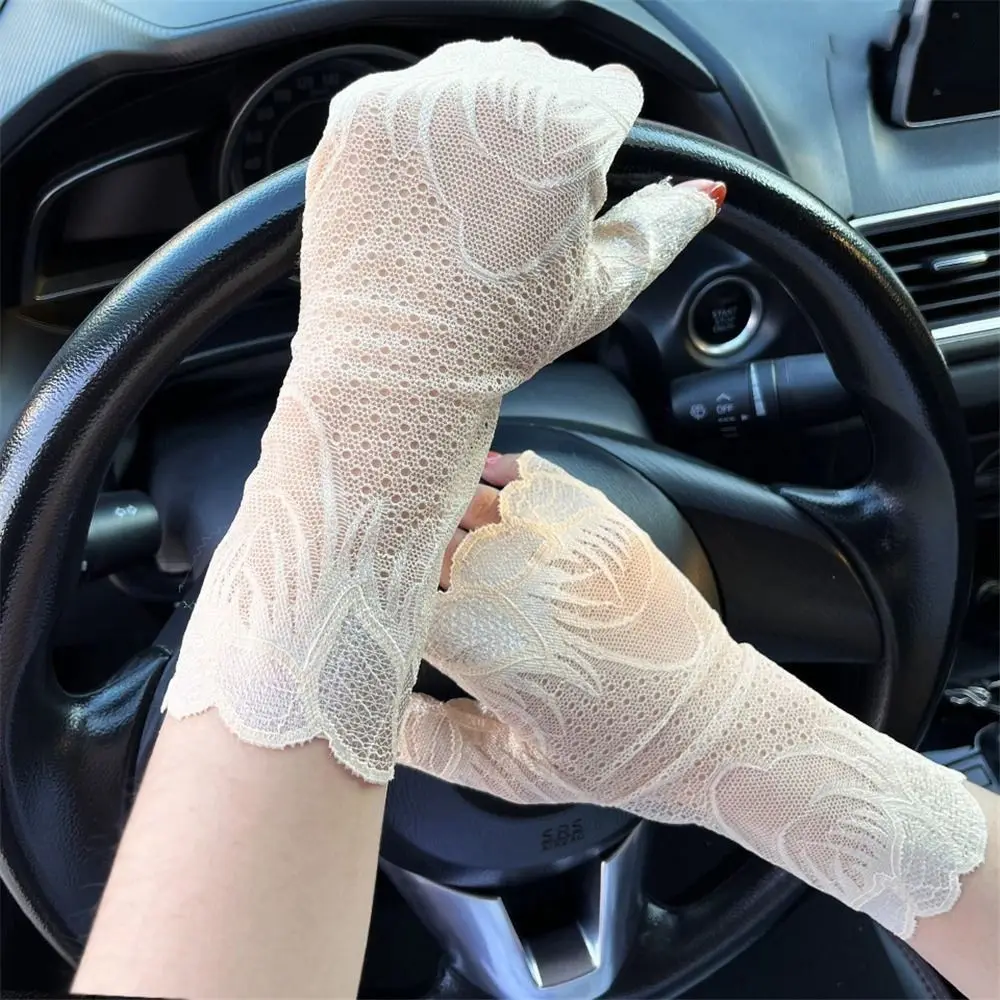

Fashion Summer Sun Protection Lace Gloves Women Cycling Driving Running Thin Sunscreen Gloves Breathable Half Finger Mittens