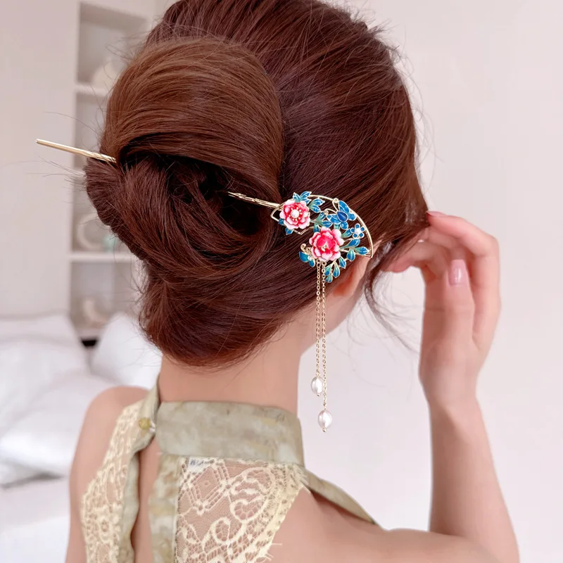 SUYU Blossoming Wealth Fashion Elegant Peony Women's Flower Cluster Hairpin Elegant Simulation Pearl Tassel Hairpin