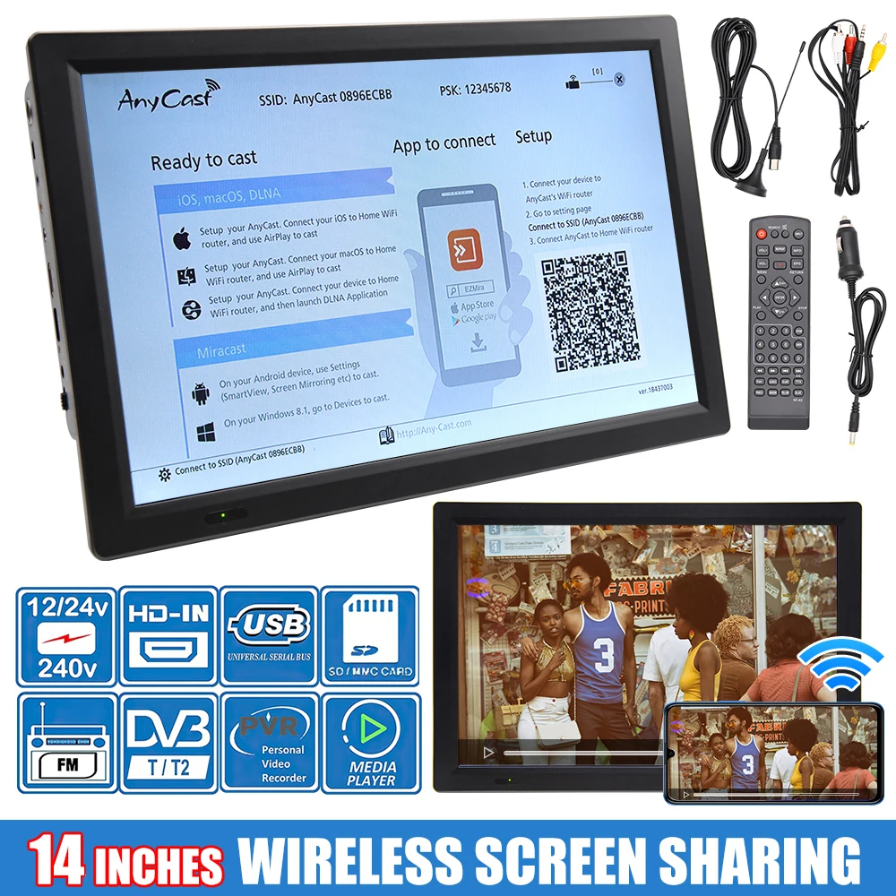 Sa249216b3e674a48af3e1219832c5660i 14" inches Portable Digital TV, DVB-T2, ATSC, ISDB, Digital Analog Car Television Player, Wireless Screen Share Miracast HDMI Video Player Mallzona