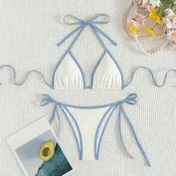 Chic White and Blue Color - Block Bow - Tie Bikini Set - XS（old） (White)