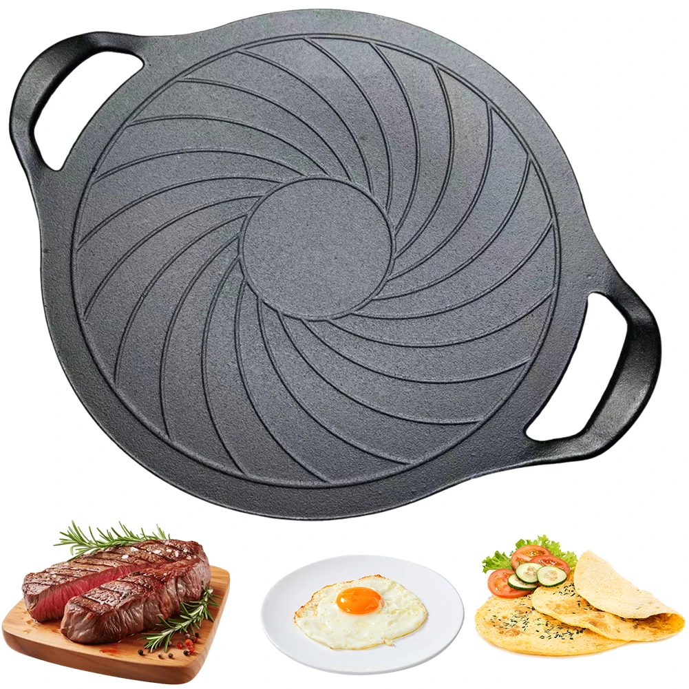 15 Inch Cast Iron Grill Pan Round Grill Skillet Nonstick BBQ Grill Pan Compatible for Gas Stove for Indoor Or Outdoor Grilling