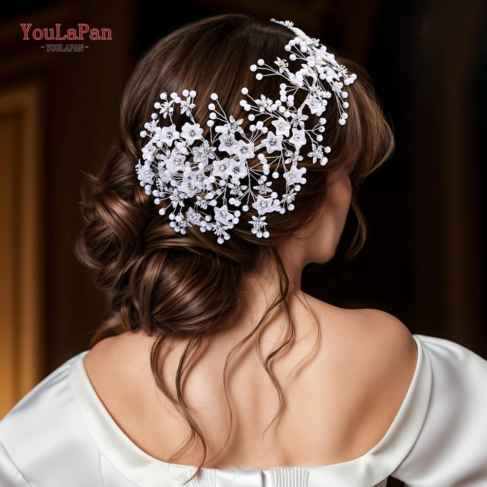 TOPQUEEN Bridal Headband Bride Hair Decoration Wedding Women Headpiece Shell Flower Hair Accessories Rhinestone Headwear HP676