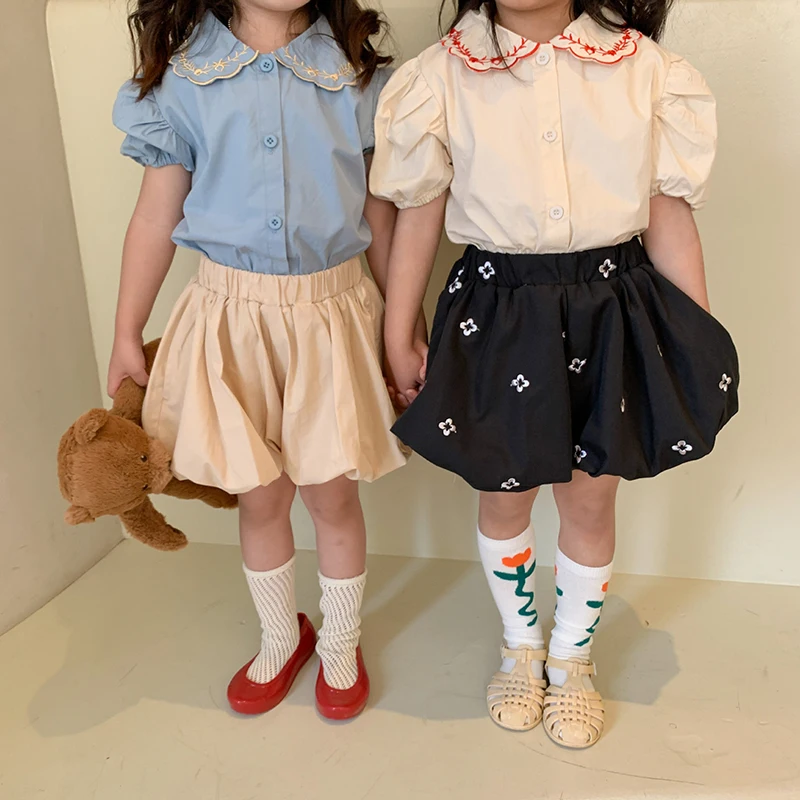 Summer Girls Pants Floral Puffy Shorts Solid Color Children Cotton Bloomers 1-6 Years Kids Shorts