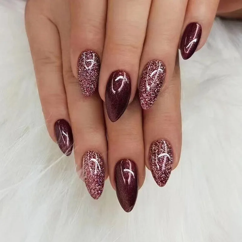 Cherry Red Flash 24 Pcs Press on Nails Pink Gradient Fake Nails Glossy ...