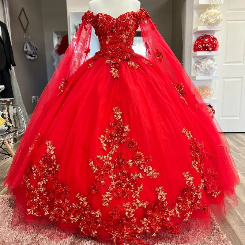 

Red Sweetheart Shiny Quinceanera Dresses Ball Gown Applique Lace Crystal Tull Vestidos De 15 Años Flowers Evening Party Dress