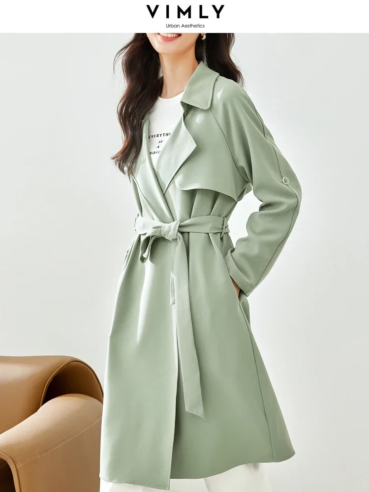 Vimly Women's Autumn Trench Coat Female New in Outerwear Loose Long Sleeve Straight Green Wrap Coats Women's Clothing F6105
