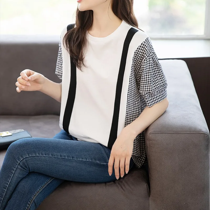 

Women's Spring Autumn Round Neck Patchwork Pullover Plaid Three Quarter T-shirt Casual Fashion Elegant Loose Office Lady Tops