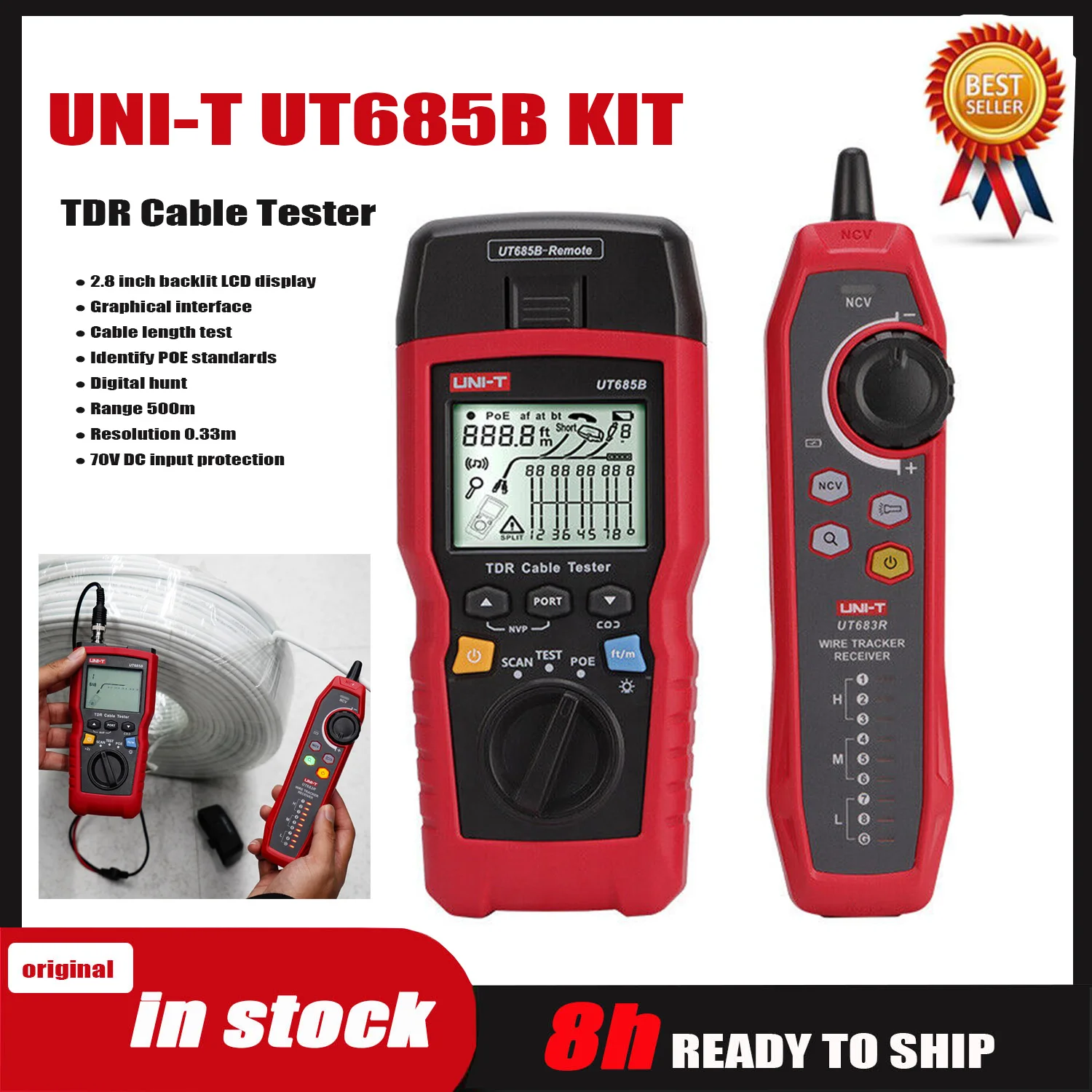

UNI-T UT685B KIT TDR Cable Tester Pair Coaxial POE Network Cable Length Sequence Detector RJ11 RJ45 Plug Adapter Digital Meter