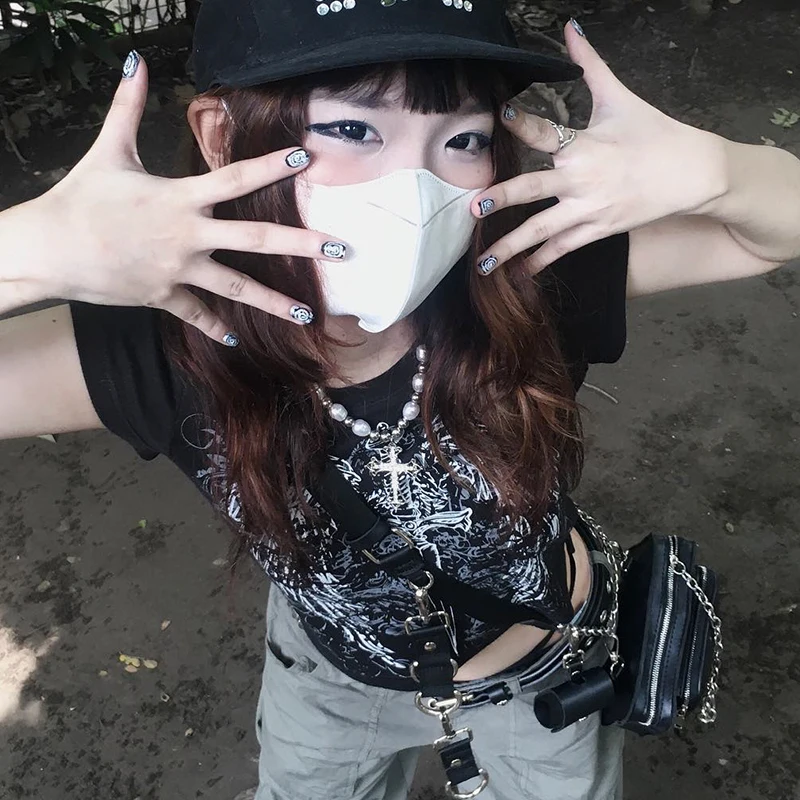 90s Harajuku printed T-shirt short sleeved tight top women's Y2K street wear exposed navel top