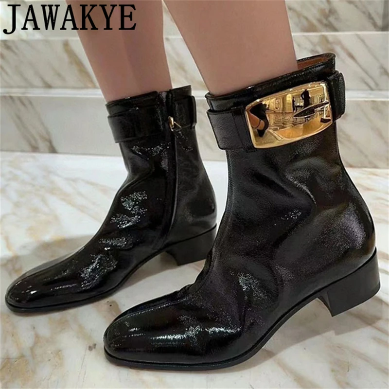 

2023 Autumn Patent Leather Metal Buckle Ankle Boots Women Brand Chunky Heel Side Zip Chelsea Booties Fashion Short Botas Mujer