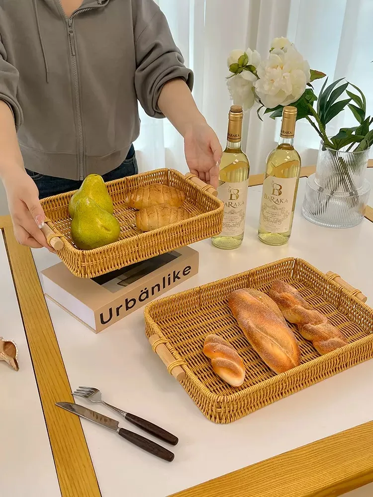 Creative Handmade Woven Rattan Storage Tray Square Wicker Basket Wooden Handle Bread Food Tray Fruit Cake Platter 6