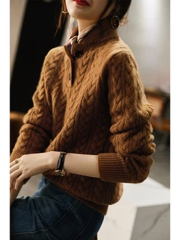 Knitted Pullover Top Sweater, Stand-up Collar, Half-Open Lapel, Twisted Twist Texture, Pure Cashmere, Baseball, Elegant 3