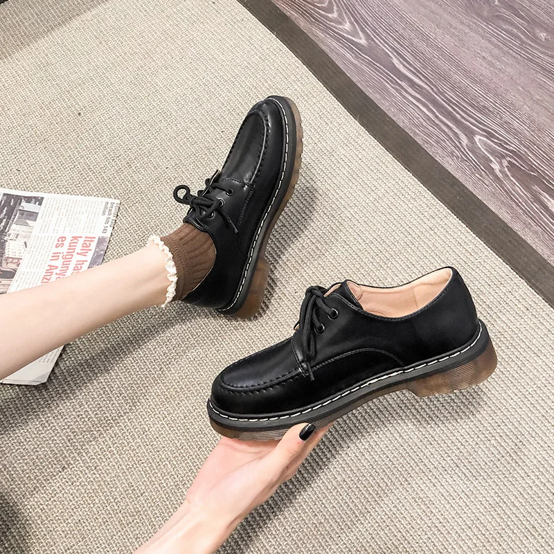 

British Style Retro Woman Shoes Autumn Oxfords Female Footwear Preppy Fall Leather Dress Big Size New PU Rome Med Lace-Up Hoof H