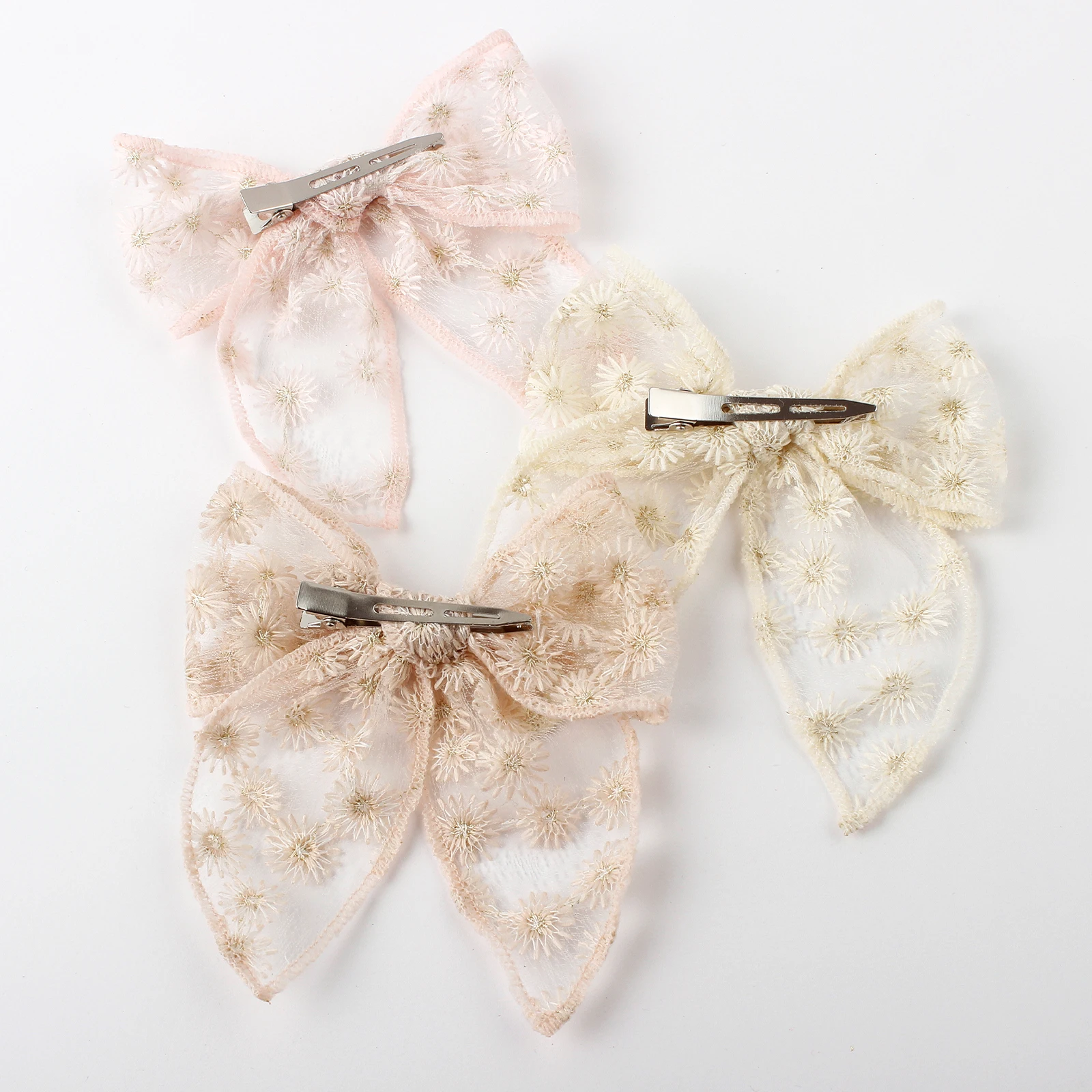Kids Flower Embroidery Lace Bow Hair Clips 3pcs For Girls, hair accessories