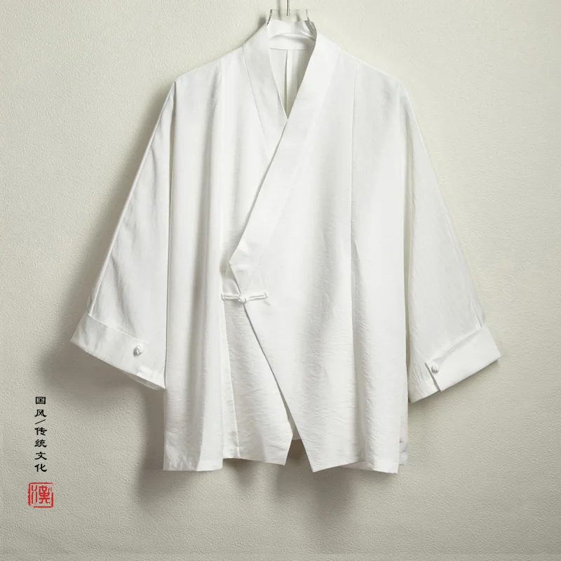 Men Linen Kimono Shirts Men Solid Color Linen Shirt Casual Fashion Open Stitch Shirt Male Kimono Jacket Black