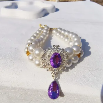 Cute Pet Accessories Double Layer Pearl Pet Necklace Sweet Flower Pendant Cat Neck Chain Adjustable Pearl Collar for Cats Puppy