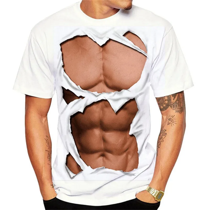 3d realista músculos no peito impresso t-shirts homens casual de fitness  manga curta algodão respirável