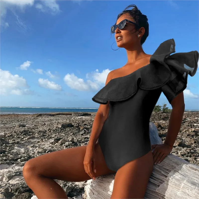 

One Piece Swimsuit For Women Beachwear Whole Swimwear 2023 Black Single Shoulder Leaf New Solid Color Splice Spandex Beach