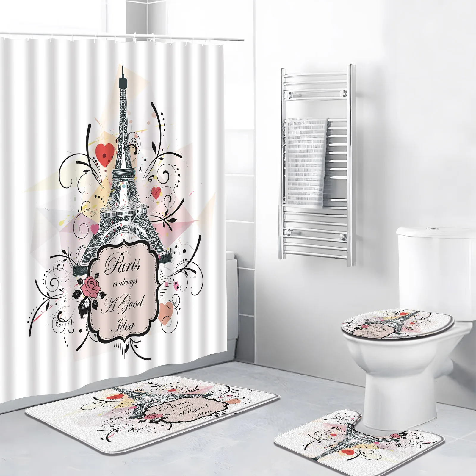 

4pcs/Set Modern Minimalist Shower Curtain Cartoon Pattern Paris Tower City Scenery Bathroom Decor Bath Mat Rug Toilet Cover