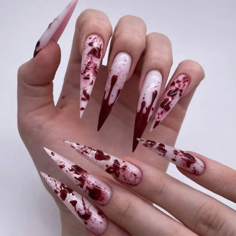 24pcs Manicure Long Almond False Nails Stiletto Ballerina Fake Nials Detachable Halloween Bat French Nail Tips DIY