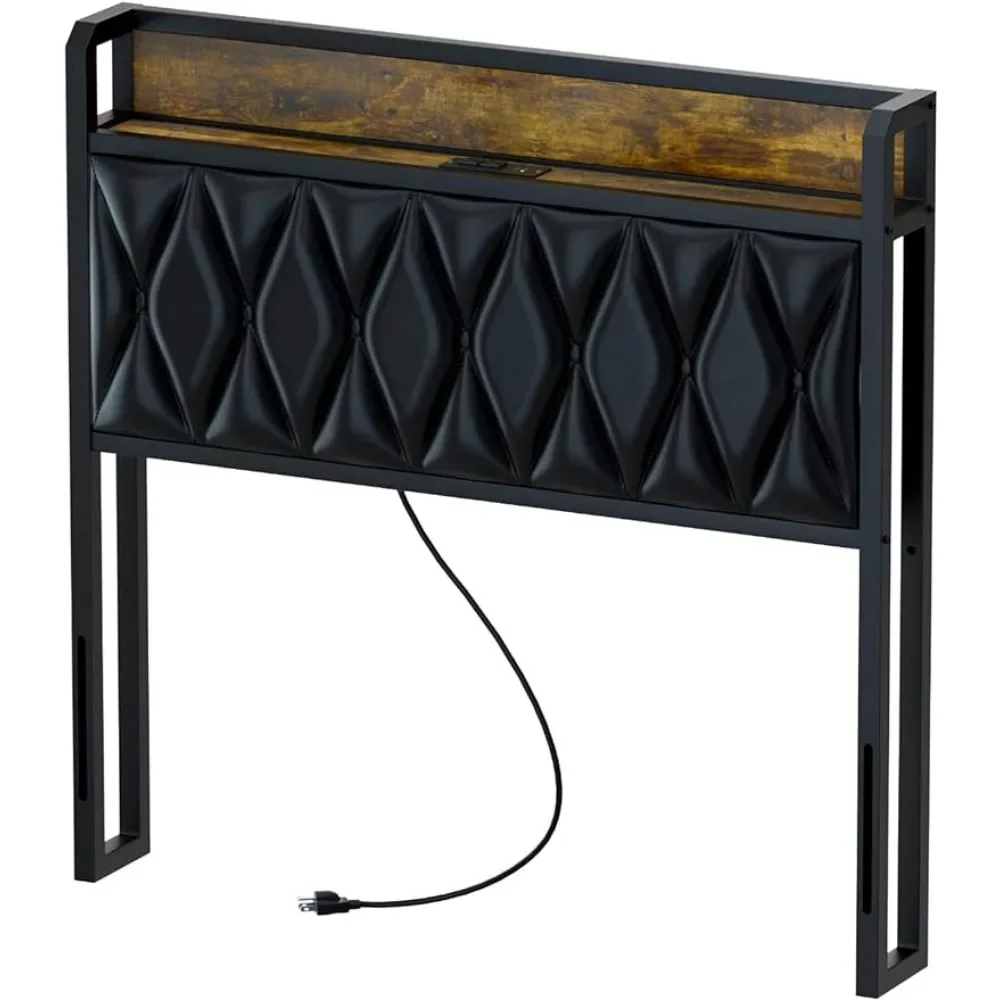 Twin Size Headboard with Charging Station, USB & Type C Port, Upholstered Twin Size Storage Headboard