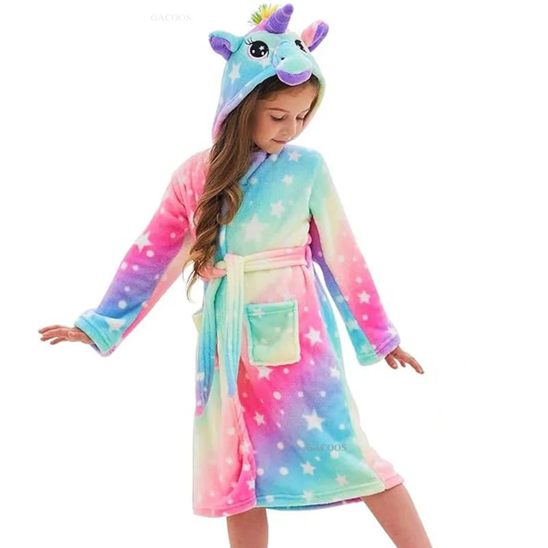 Child Bathrobe Kids Robe Baby Hooded Towel Baby Girls Hooded Bathrobe Toddler Unicorn Anime Cartoon Towel Beach Sleepwear Nightgown