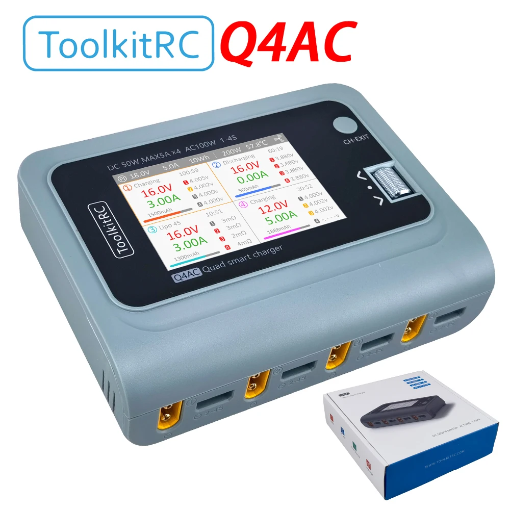 ToolkitRC Q4AC charger XT60 Adapters IPS Bright Clear Wide Angle Display 4x50w 5A AC 100W 4 Port DC Smart Discharger AC DC