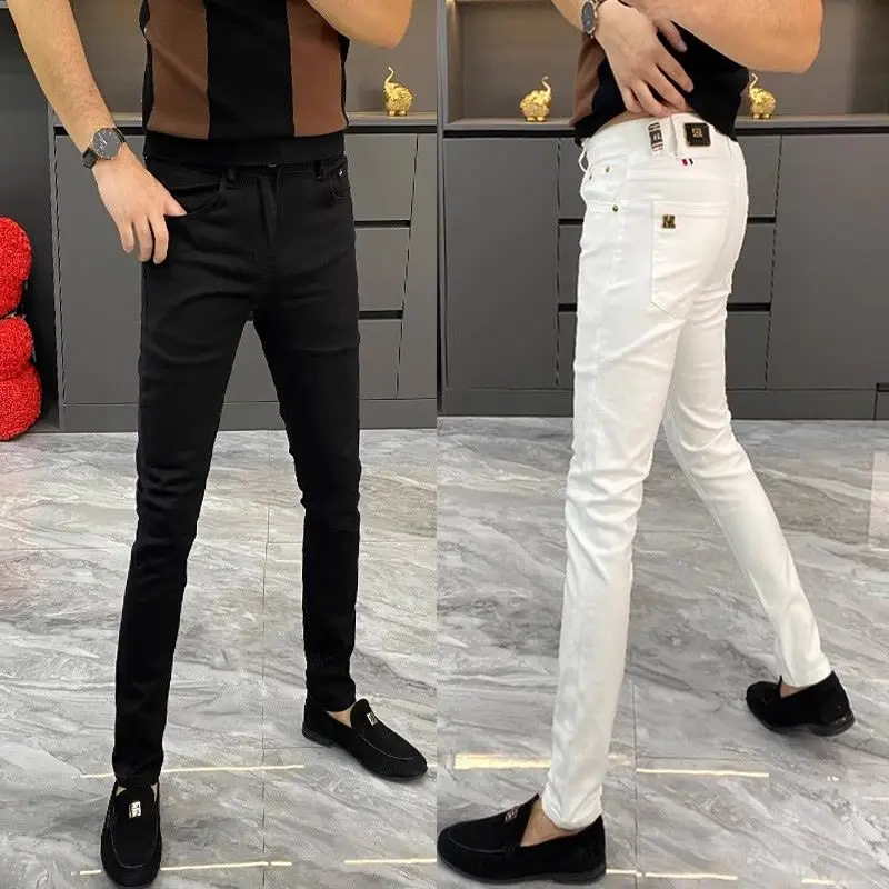 White Jeans Men's European Goods 2025 Summer New Fashion Motorcycle Boots Simple Slim Fit Elastic Versatile Small Feet Trousers 3