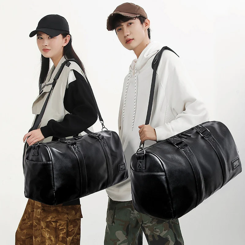 Large Sports Fitness Bag with Shoes Pocket for Men, Black Soft Leather, Big Gym Handbag, Outdoor Sports Luggage Pack, Tote Bags 2