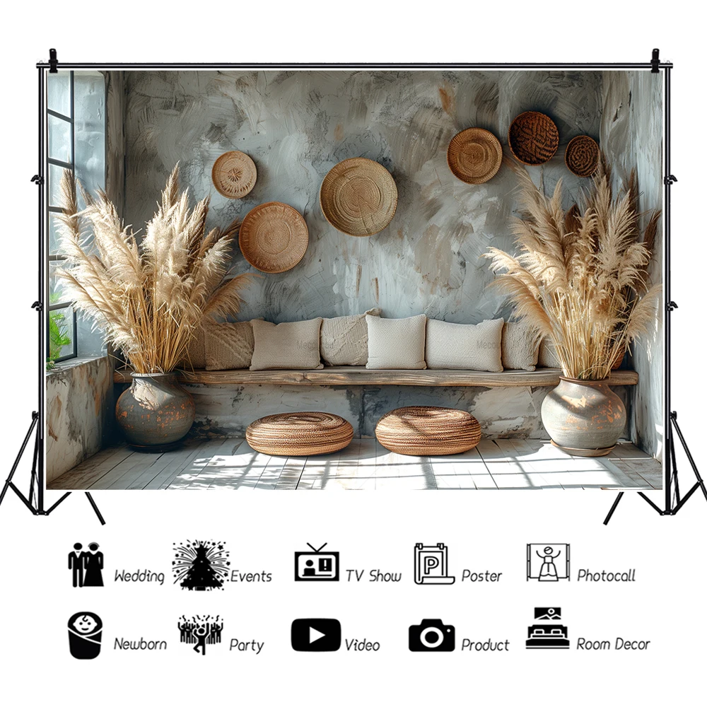 식물 천국 햇볕이 잘 드는 서부 보헤미안 스타일의 벽과 무성한 녹색 식물 실내 사진 촬영 맞춤 배경 사진 스튜디오