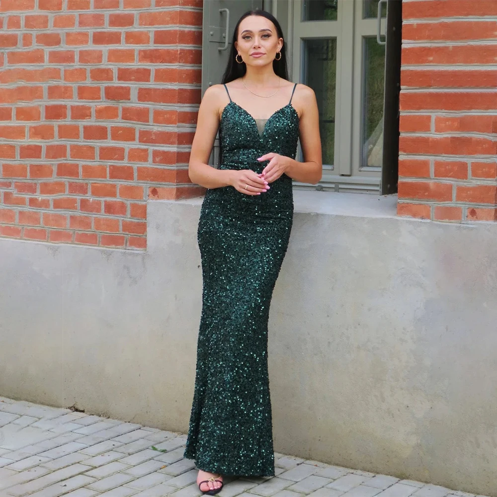 

Emerald Green Evening Dresses Sequined Spaghetti Straps Mermaid Evening Gowns for Women V Neck Trumpet Glitter Prom Dress Long
