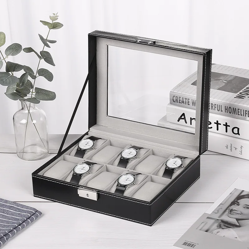 DELESYS Grey PU Leather 6/10/12 Slots Watch Box Watch Jewelry Storage Box Display Case For Holiday Gift