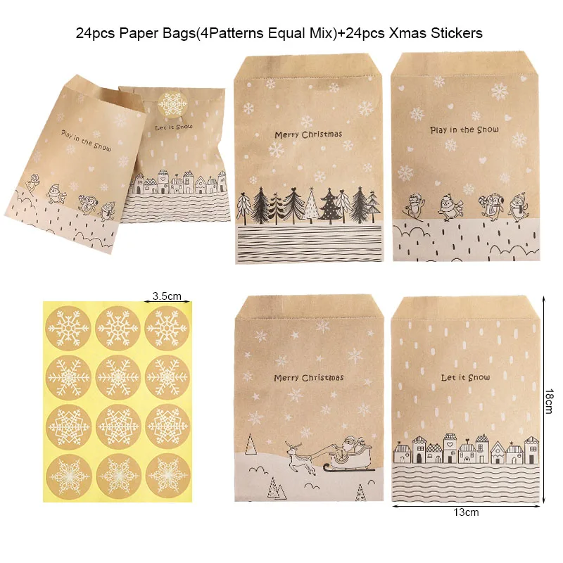 Description Picture 3 of item24Sets Vintage Christmas Kraft Paper Bags Let it Snow Candy Treat Bag with Stickers Advent Calendar Xmas Party Favor Gift Pouch