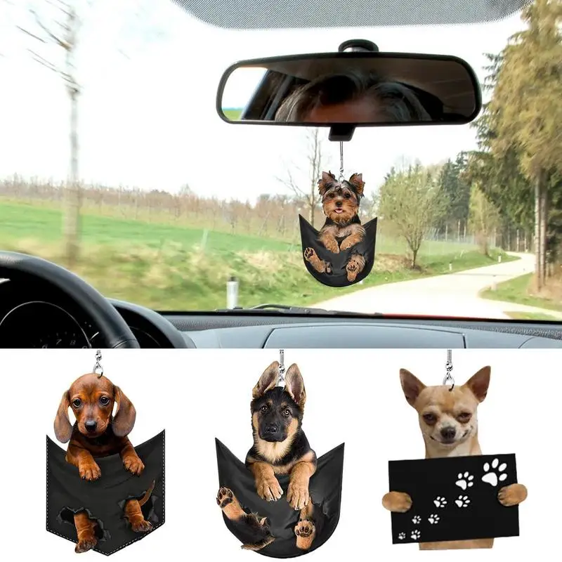 

2D Funny Car Rearview Mirror Cute Pocket Pendant Hanging Puppy Colorful Dog Ornament Accessories Home Decoration For Bag