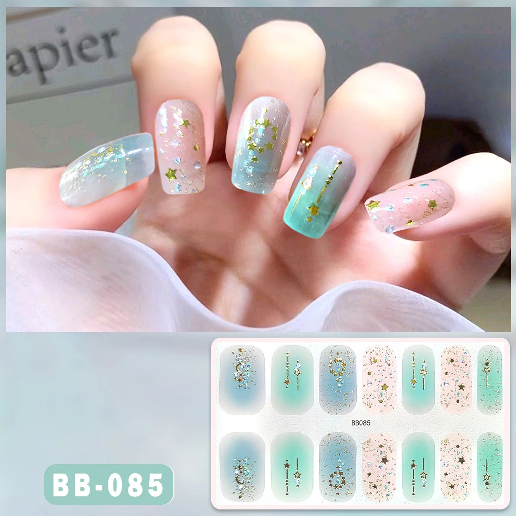 French Manicure Gel Nail Patch Slider Adhesive Waterproof Long Lasting Full Gel Nail Sticker 14Tips