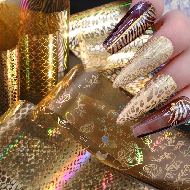 16pcs Laser Gold Nail Foils Holographic Nail Stickers Leopard Fish Scales  Heart Geometry Abstract Face Nail