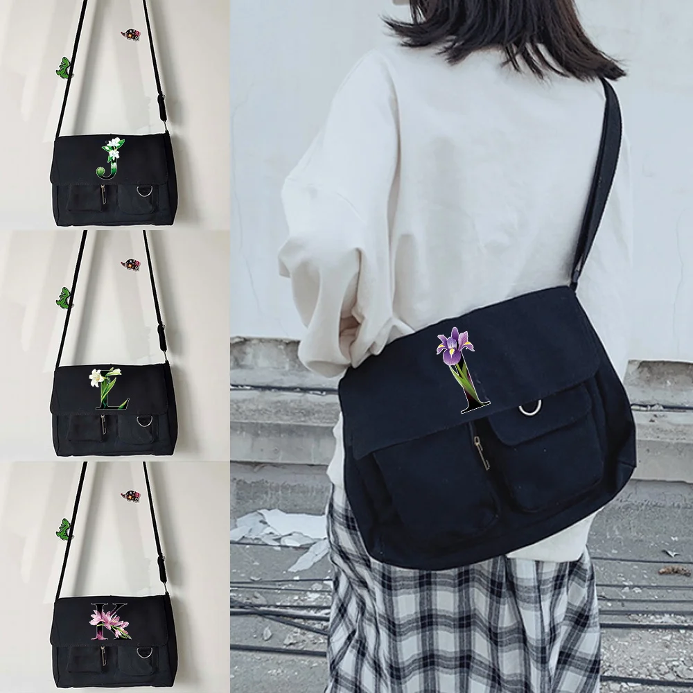 Messenger Crossbody Bag Women Shopping Large Capacity Flower color initial name series Travel Canvas Unisex Casual Shoulder Bags messenger crossbody bag lady shopping large capacity travel canvas unisex casual shoulder bags rainbow initial name series print